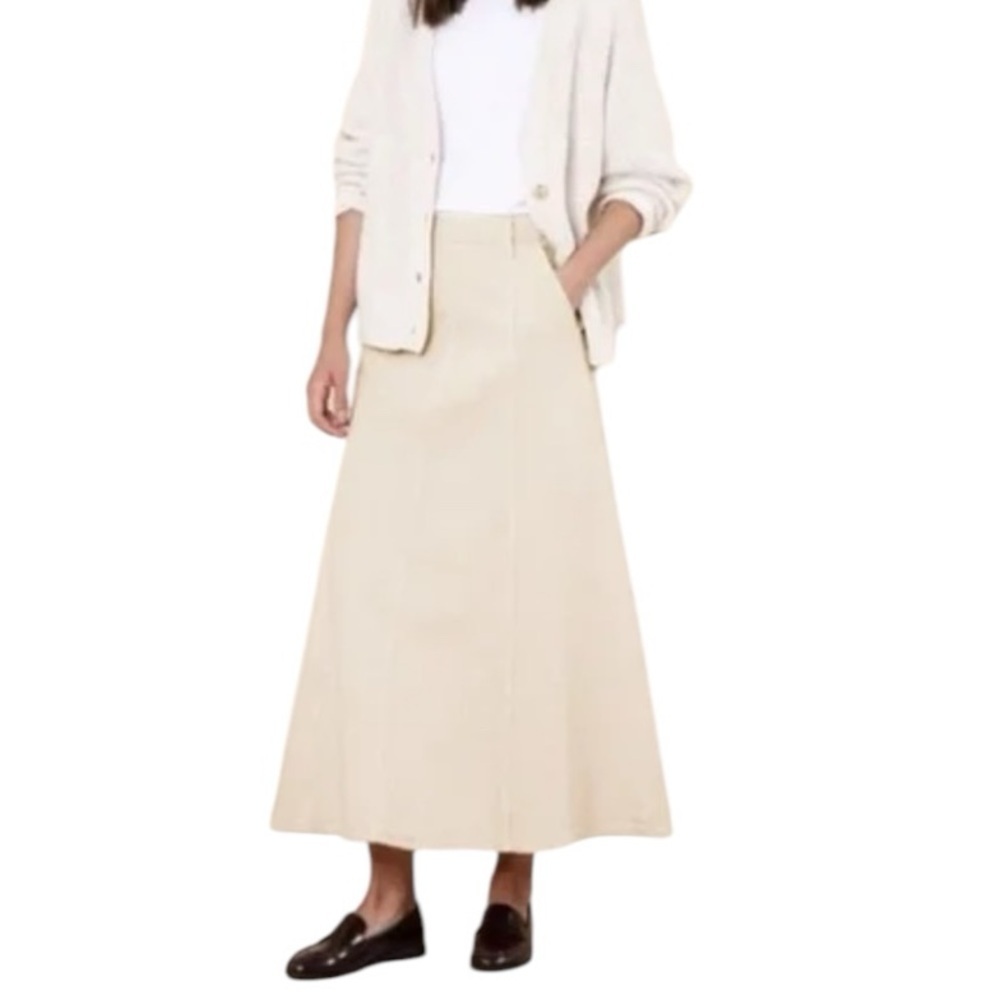 BANANA REPUBLIC Maxi Denim Skirt Cream Ivory Side Zip Pockets Cotton Spandex 8